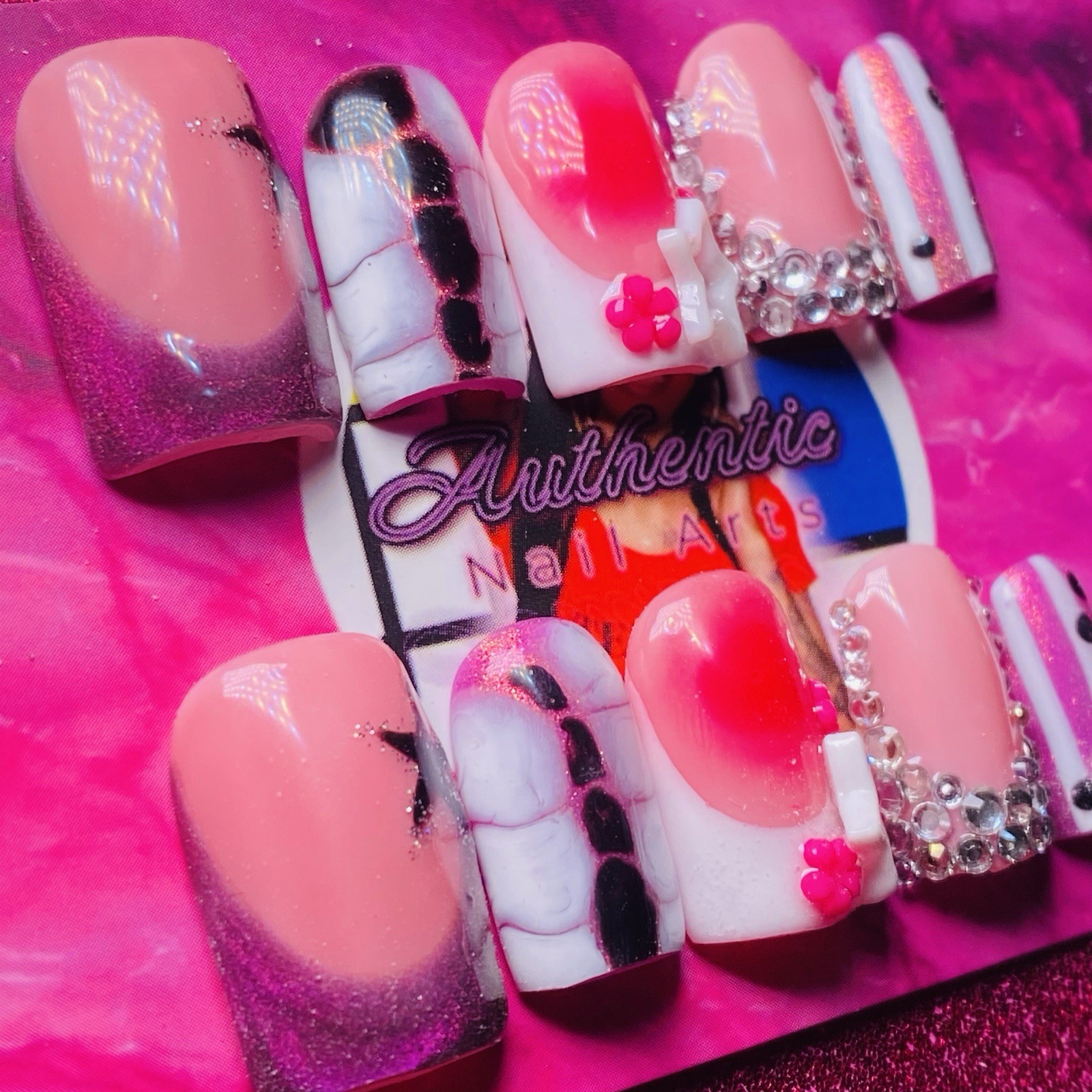Square Press-On Nails Pink Black 3D Shiny Star by Authentic Nail Arts