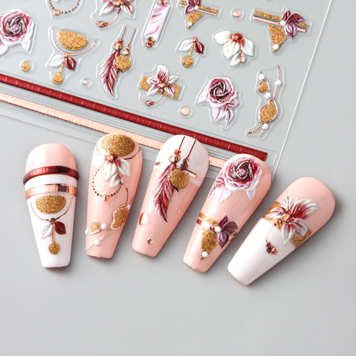 2Sheets 5D Embossed Flower Nail Art Stickers Self-Adhesive Smudge Rose Flowers F