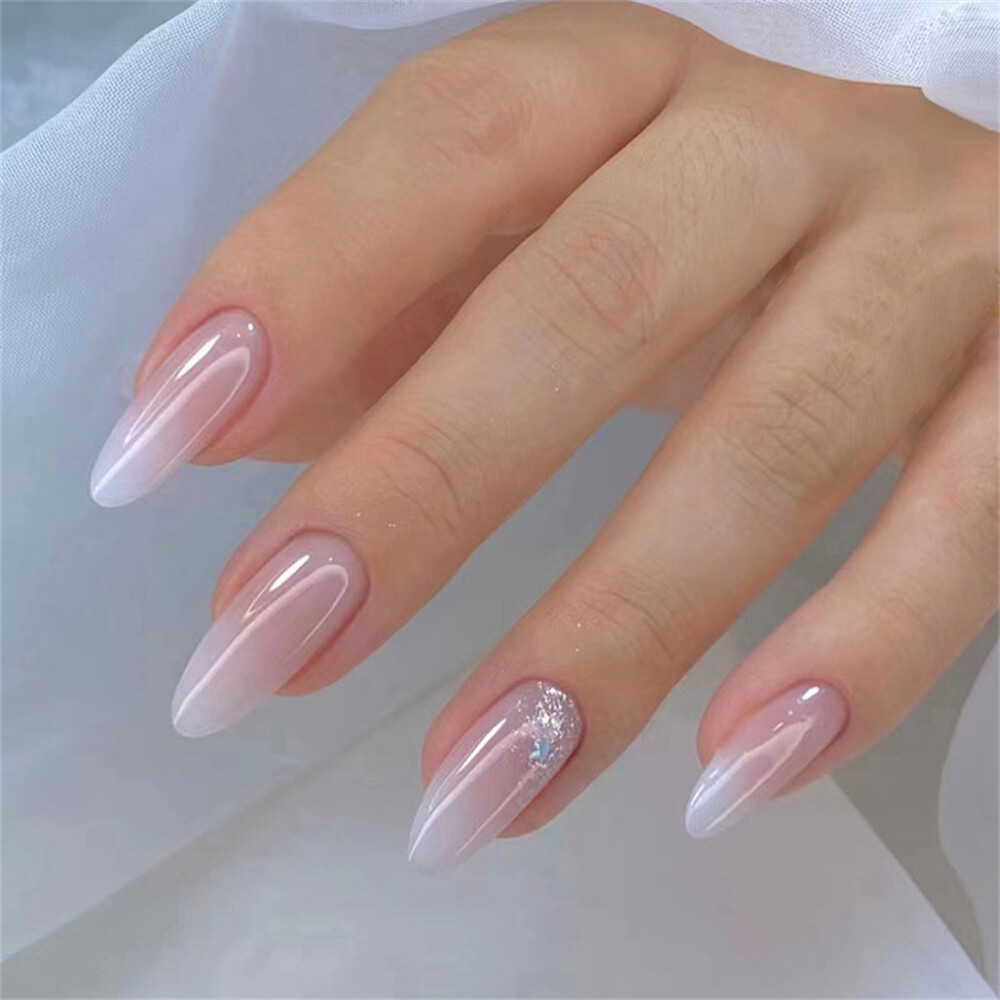 Almond Short False Nail French Gradient Press on Nails for Girls Nail Art 24pcs