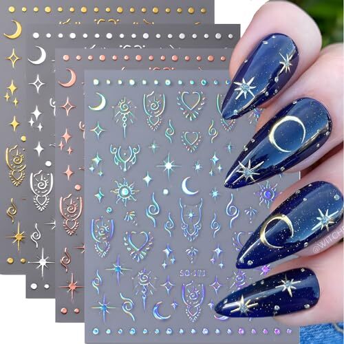12 Sheets Star Nail Stickers for Nail Art Gold Moon Star Nail Art Style 3