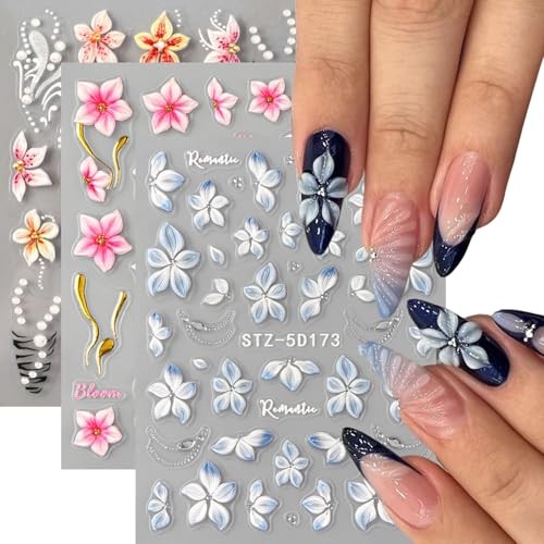 3Sheet 5D Embossed Nail Stickers – Spring Nail Art – Flower Stickers – 7