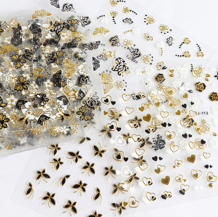 10PCS 3D Tip Nail Art Stickers Gold BLACK Heart Love BUTTERFLY ROSE FLOWER #2