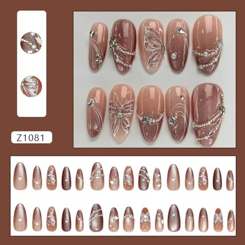 White Butterfly Press on Nails Medium Almond White Butterfly Rhinestone style 4
