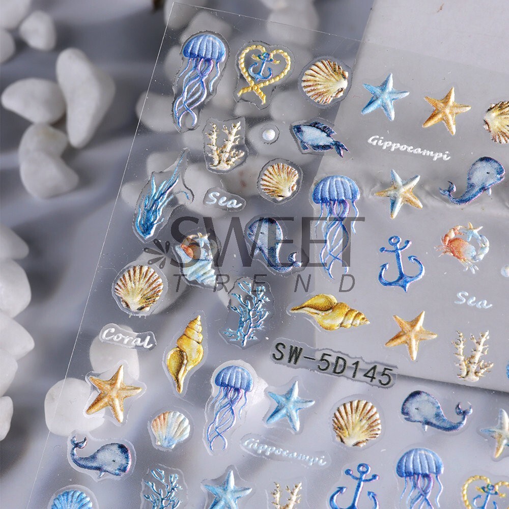 Summer Ocean Dolphin Shell Star Footprint Stickers 5D Embossed Nail Art Decals
