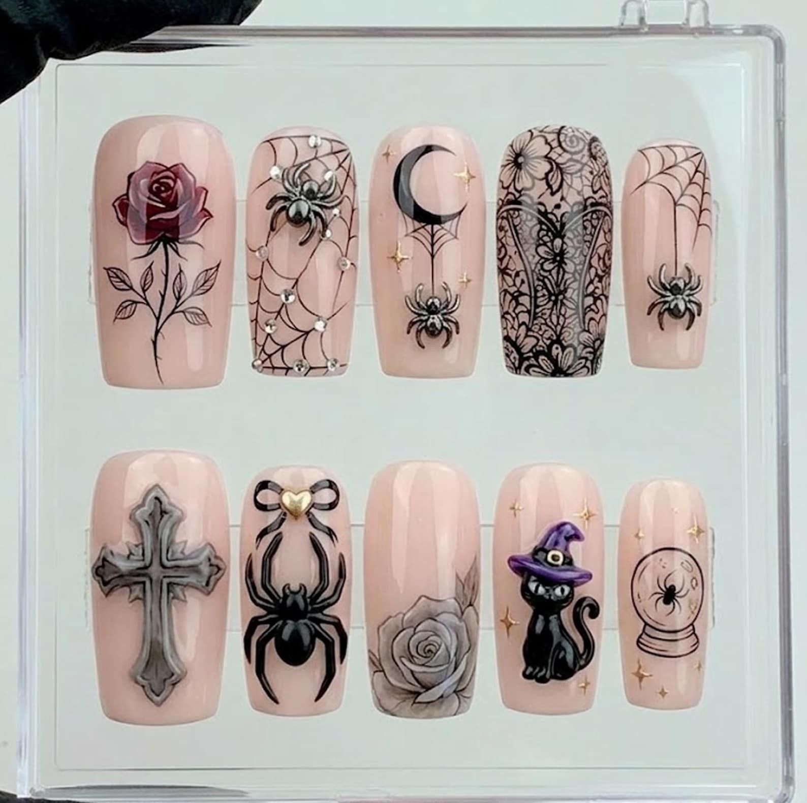 Custom Handmade Gothic Nude Halloween Rose Spider Black Cat Square Press on Nail