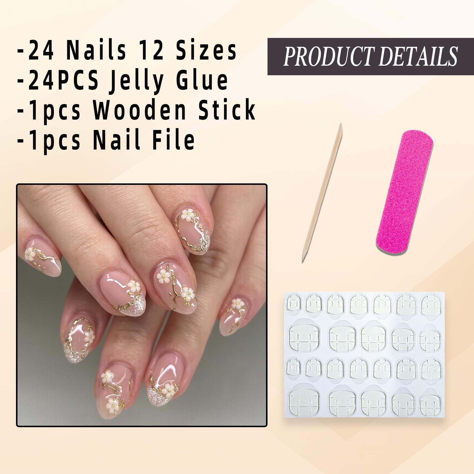 Jremg Glitter French Tip Press on Nails Short Round Fake Nails with Gold Bead…