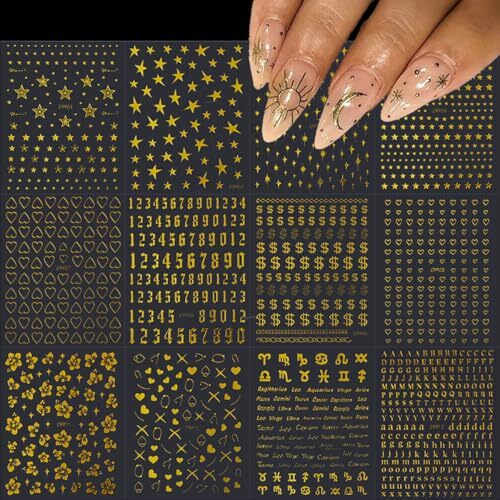12 Sheets Gold Star Nail Art Stickers 3D Self Adhesive Flower Heart Letter