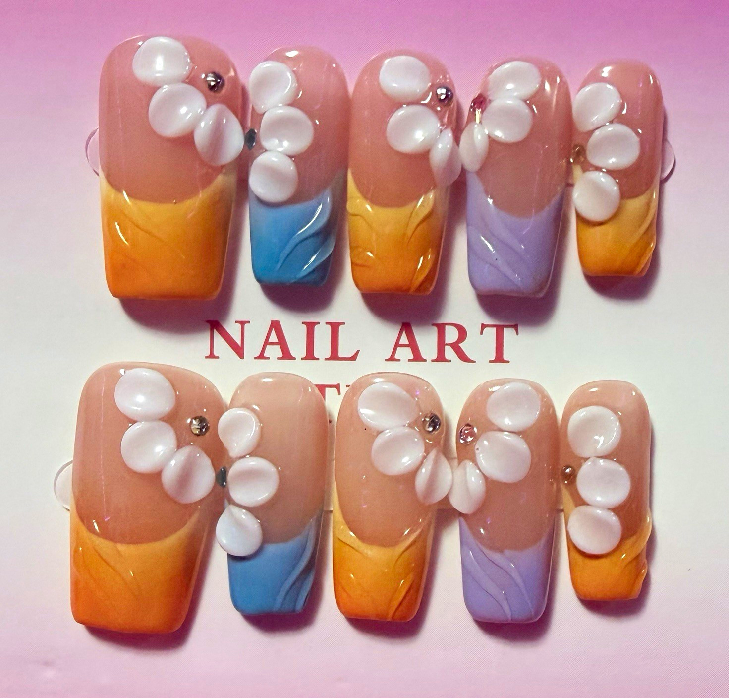 Nude/Orange/Blue/Purple/White 3D Floral Square Press-On Nails, size large