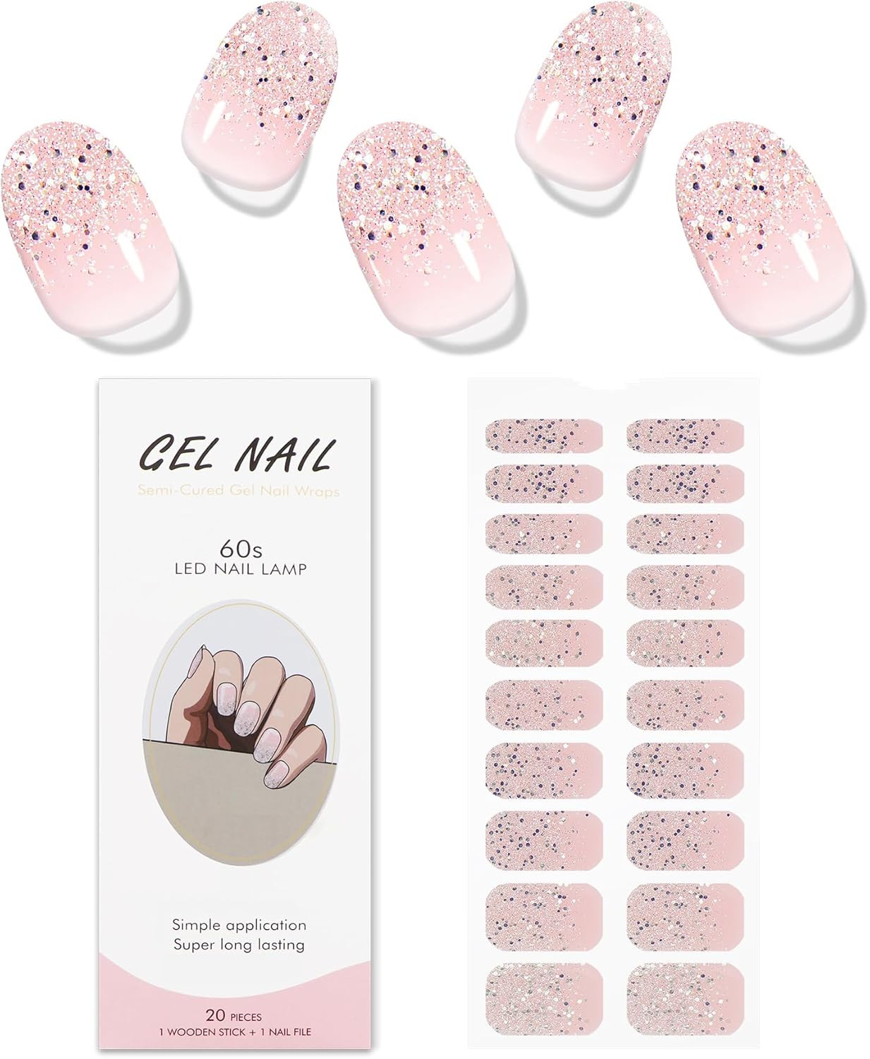 JMEOWIO Gel Nail Stickers Glitter Light Pink Cured Gel Nail Strips Wraps UV/LED