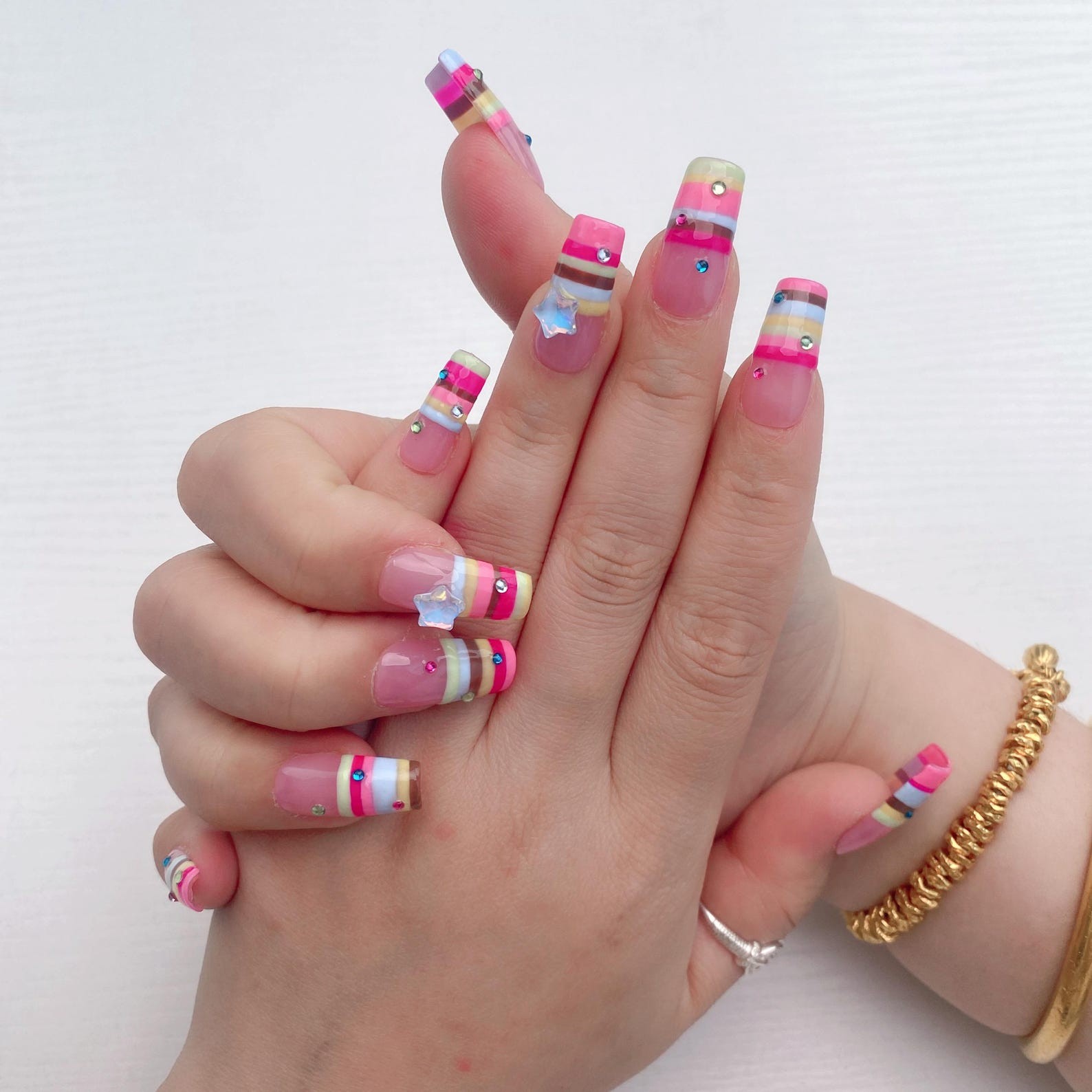 Handmade Rainbow Striped Star Rhinestone Long Square Press on Nails Set