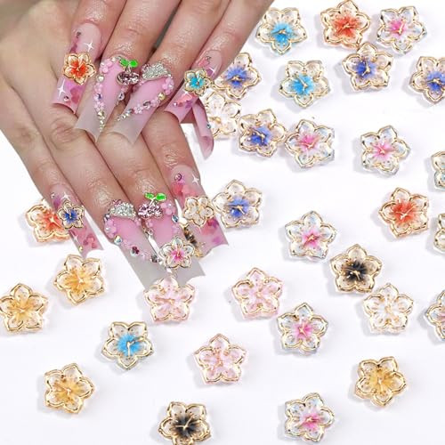 50Pcs Flower Nail Charms 3D Lovely Flower Charms Nail Rhinestones Gold Edge