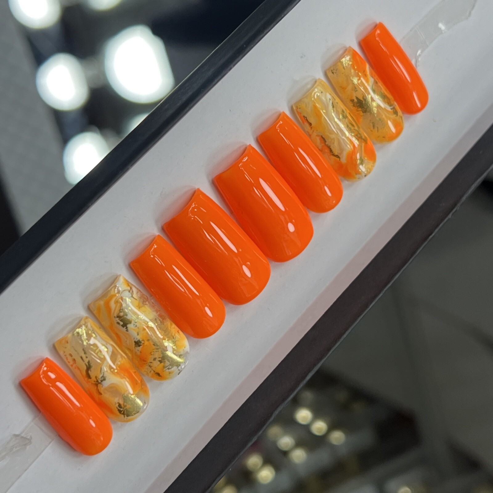 🧡 CUSTOM Hard Gel Press On Nails, BLAZING ORANGE W BLING 10p SET W Kit
