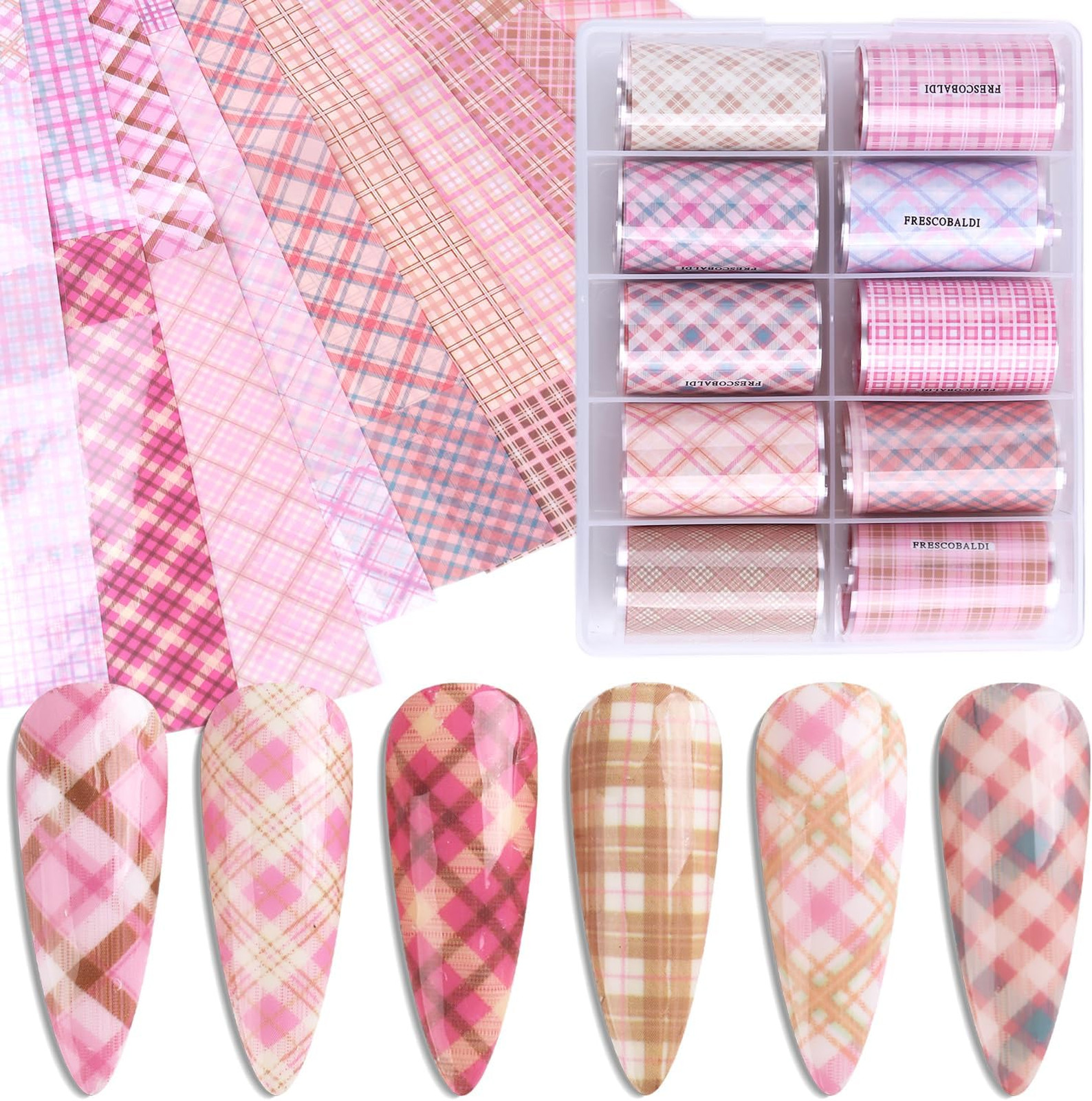 Plaid Nail Foil Transfer 10 Rolls Pink Checkered Prints Decals Nail Stickers