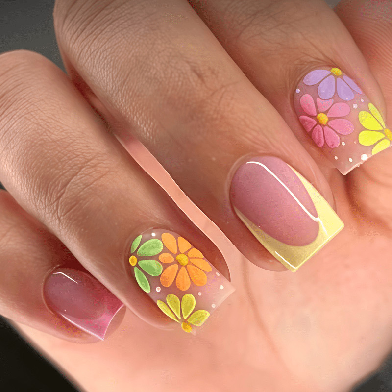 48Pcs-Short Square Pink Yellow French Colorful Daisy Cute Summer Press on Nails