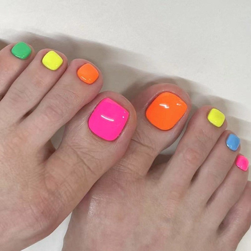 48pcs-Bright Multicolor Fake Toenails, Glossy Rainbow Press on Tips for Summer