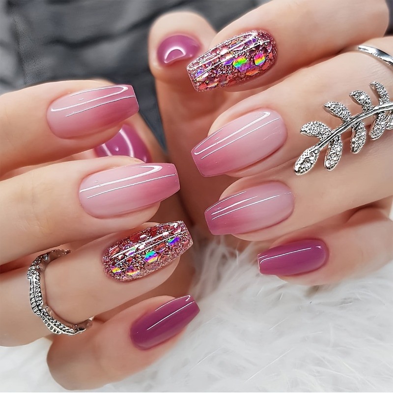 48pcs Pink Ombre Press on Nails Short Square with Holographic Glitter Accents
