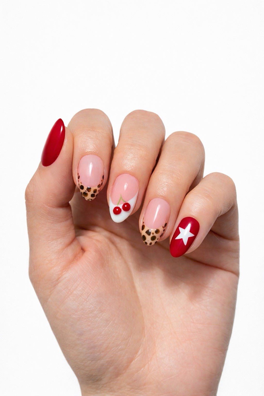 Red Nude White Press On Nails Medium Almond | Heart Leopard Design | Handmade