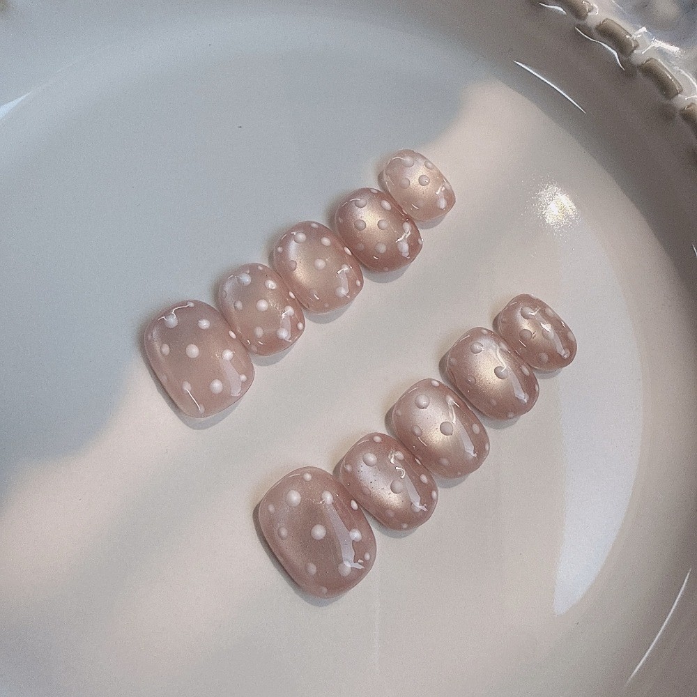 10Pcs Short Square Oval Polka Dot Nails Glass Bead Elegant Daily Nails
