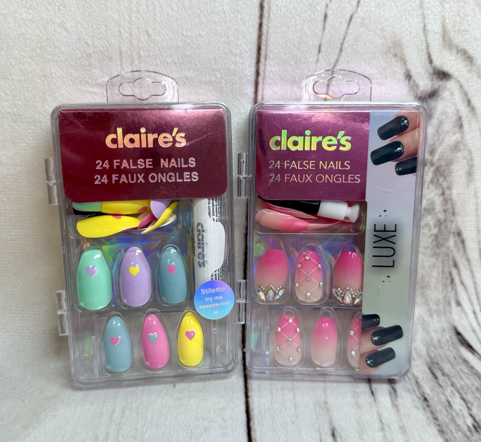 x2 Claire’s 24 Glue Press On Almond Nails Rainbow Pastel Pink Heart Bling Love