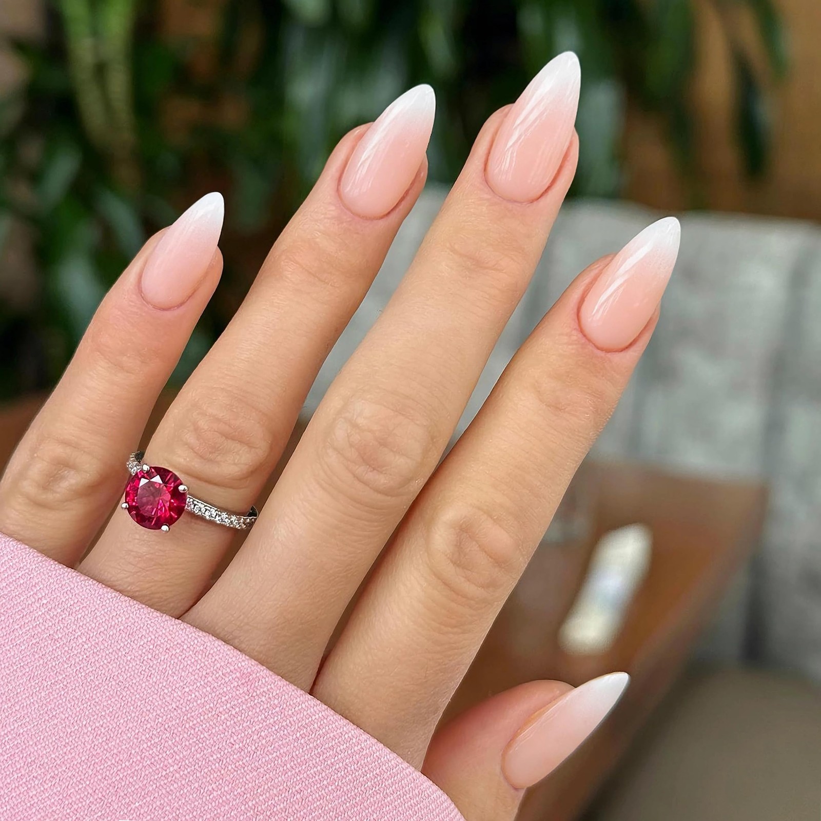 Press on Nails Almond, Ombre Nude to White Fake Nails Medium Press Ons, Gloss…