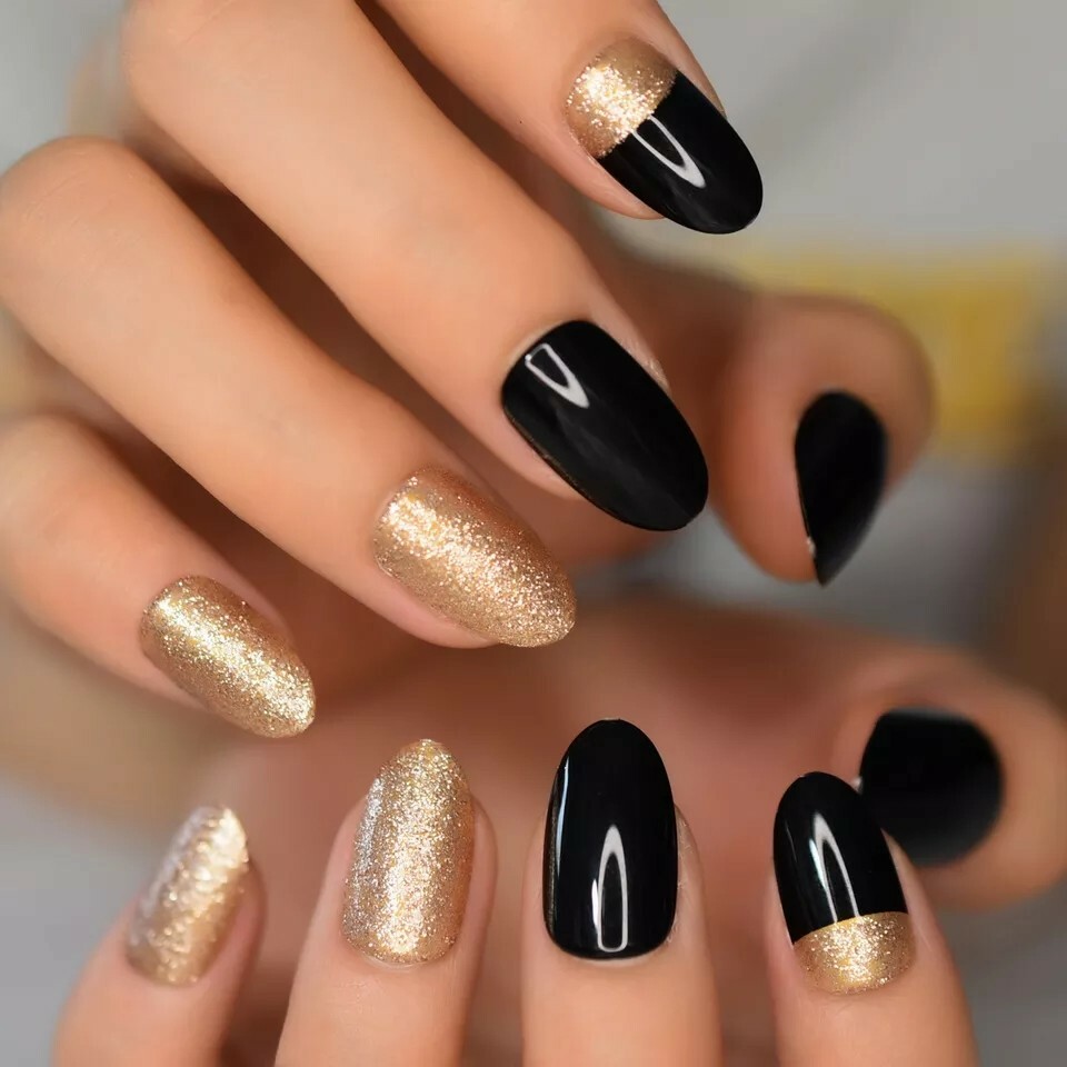 24 Black gold glitter Press On Nails w/ Glue oval medium short almond tip