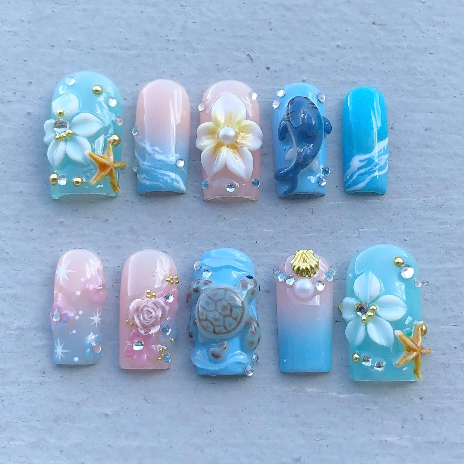Handmade Ocean Turtle Dolphin Plumeria Starfish Shell Square Press on Nails