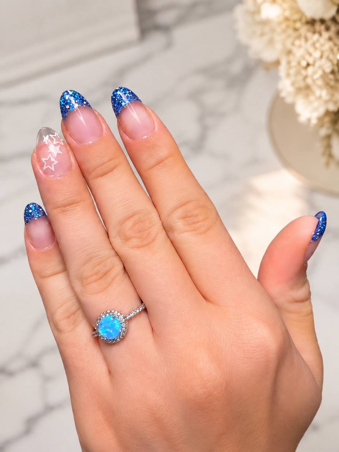French Tip!! Midnight Sparkly Blue. 4th of July themed. Glow in the dark Starz!!