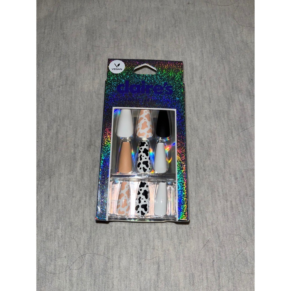 Claire’s Cow Print Squareletto Vegan Faux Nail Set – 24 Pack – Women’s