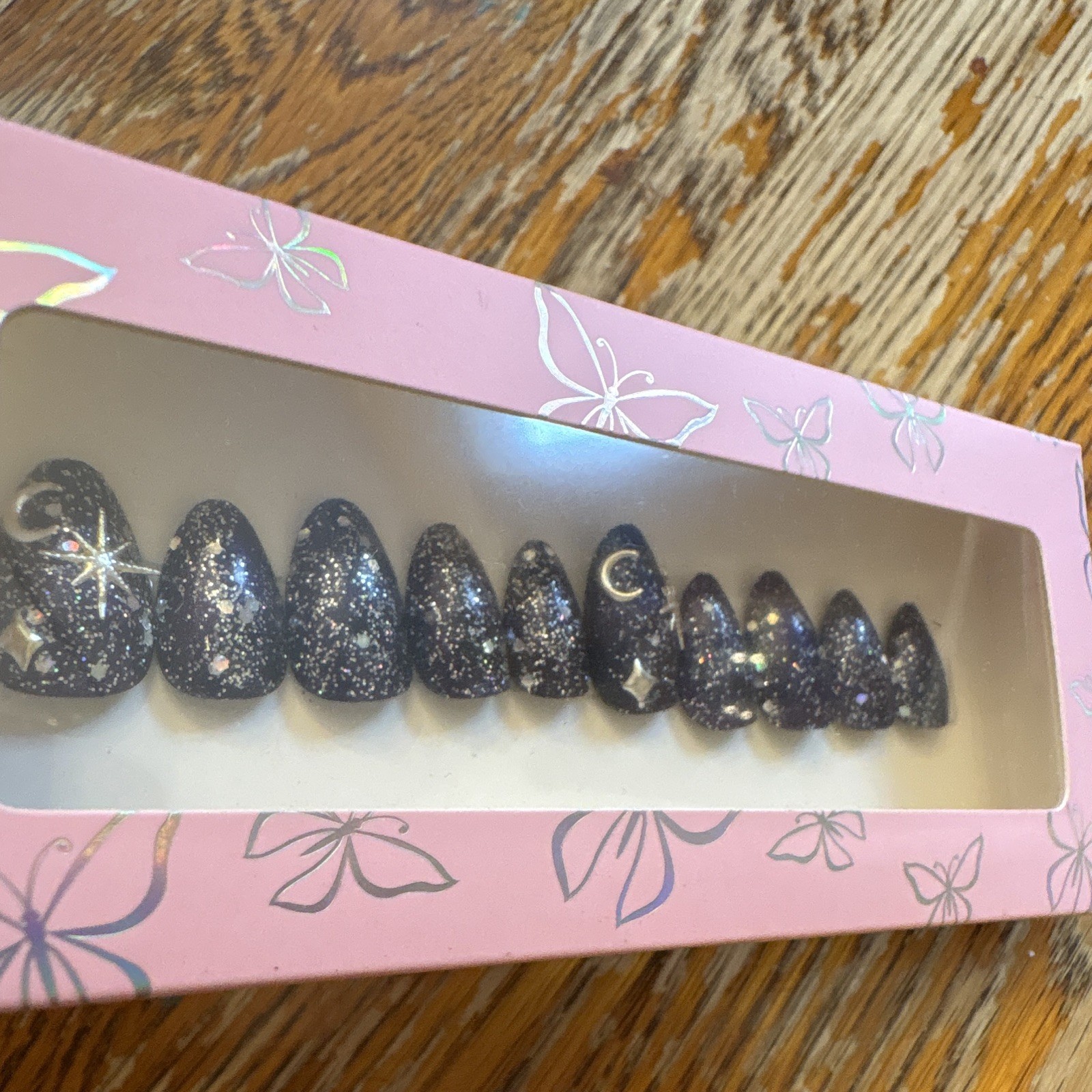 Dark Purple Glitter Star Pre-Designed Full Cover Press-On Nails Short Almond