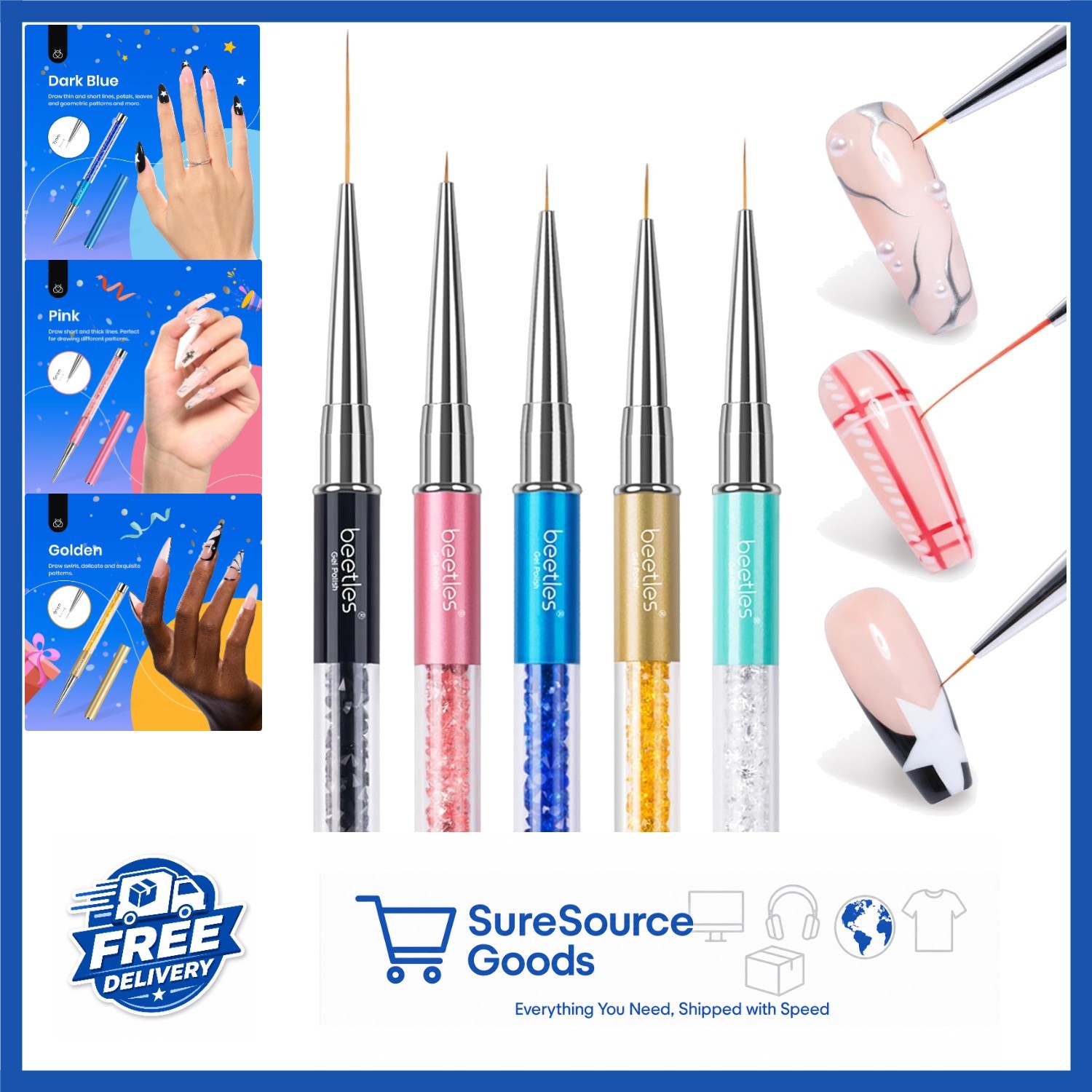 Nail Art Liner Brushes Set 5Pcs for Drawing and Design with Rhinestone Handle