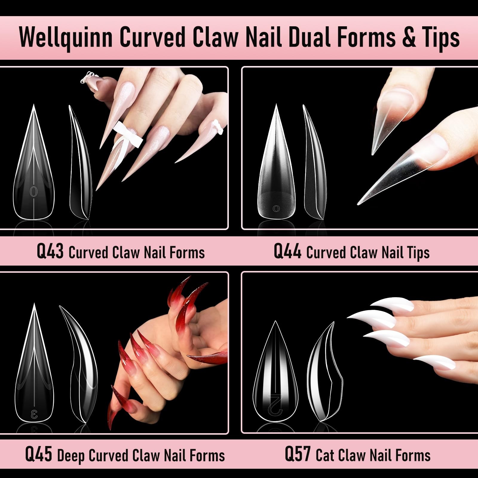 Wellquinn 300 Pcs Long Curved 15 Sizes, Including 5 For Thumbs, Clear