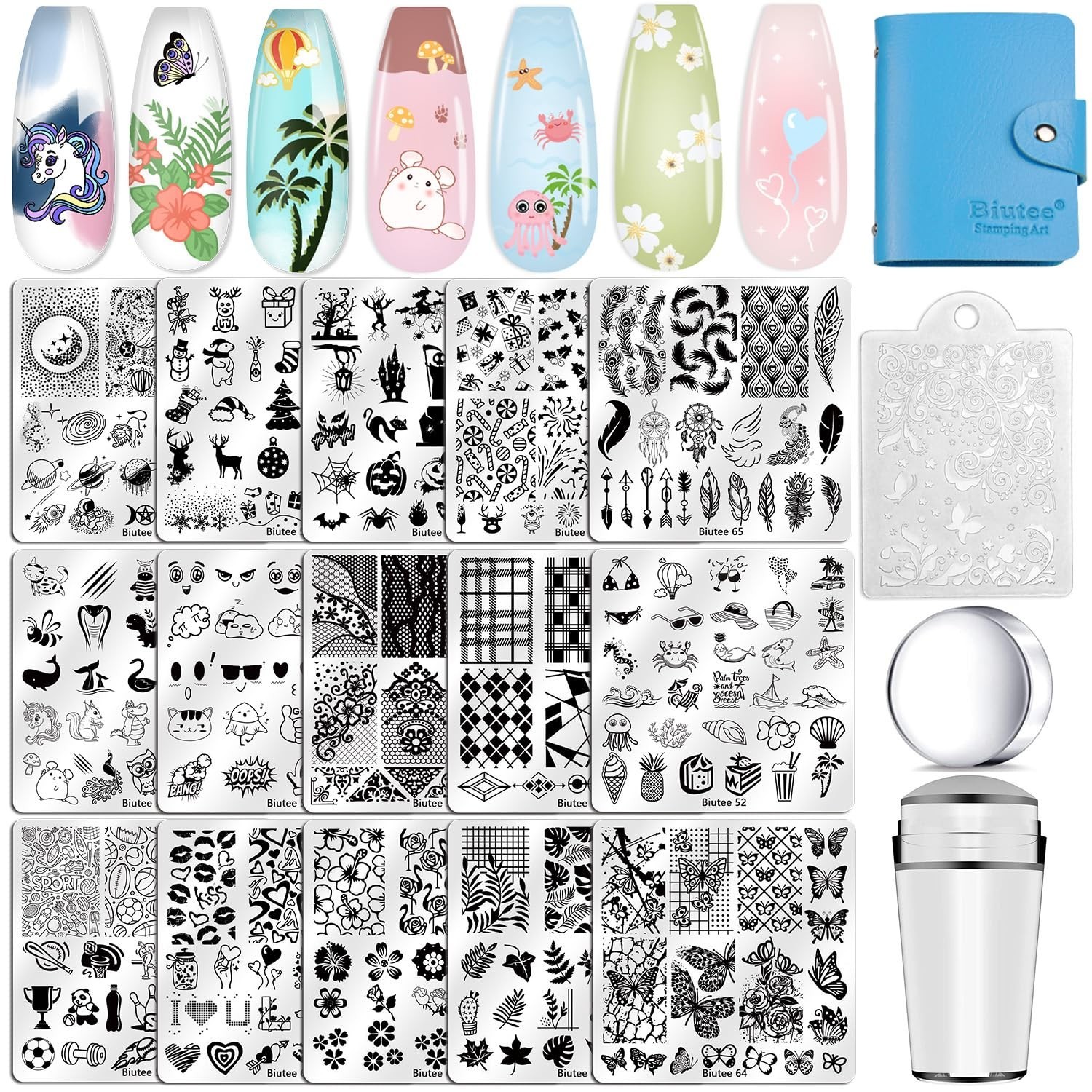 Nail Stamping Plates Set 15PCS Nail Art Stamper Scraper Nail Art Stamping Kit…