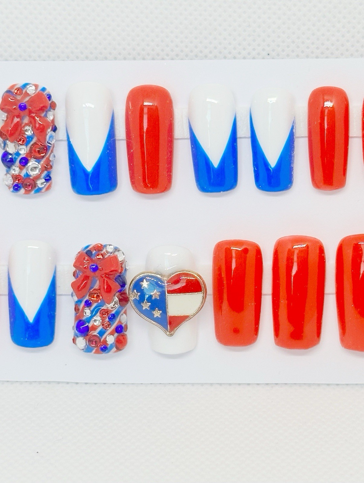 Handmade Custom Press On Nails Med Length Square July 4th Nails Red White Blue