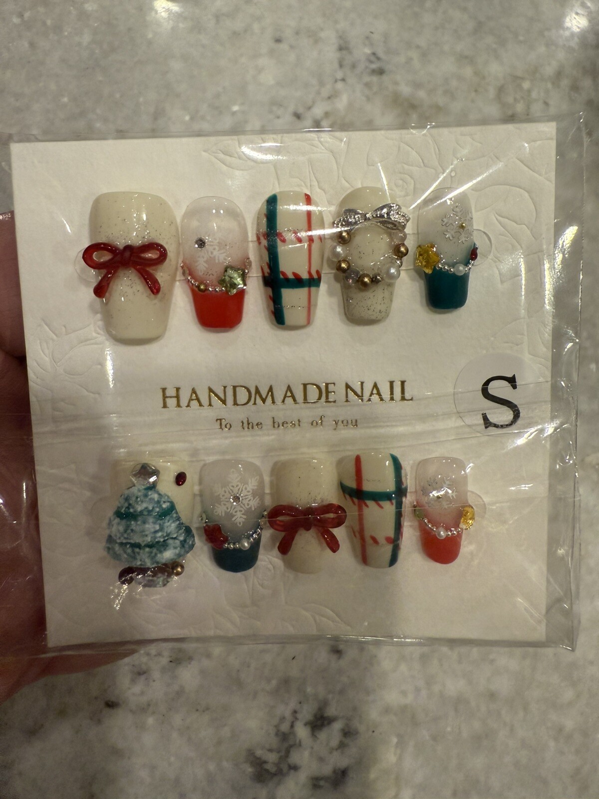 Christmas hand Painted 3D Nails Small Tree Wreath Snowflake Ribbon Bow