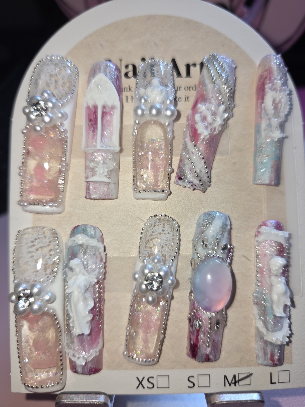 Press-On Nails Handmade Medium Pink purple, white lace angel, flower water Nail