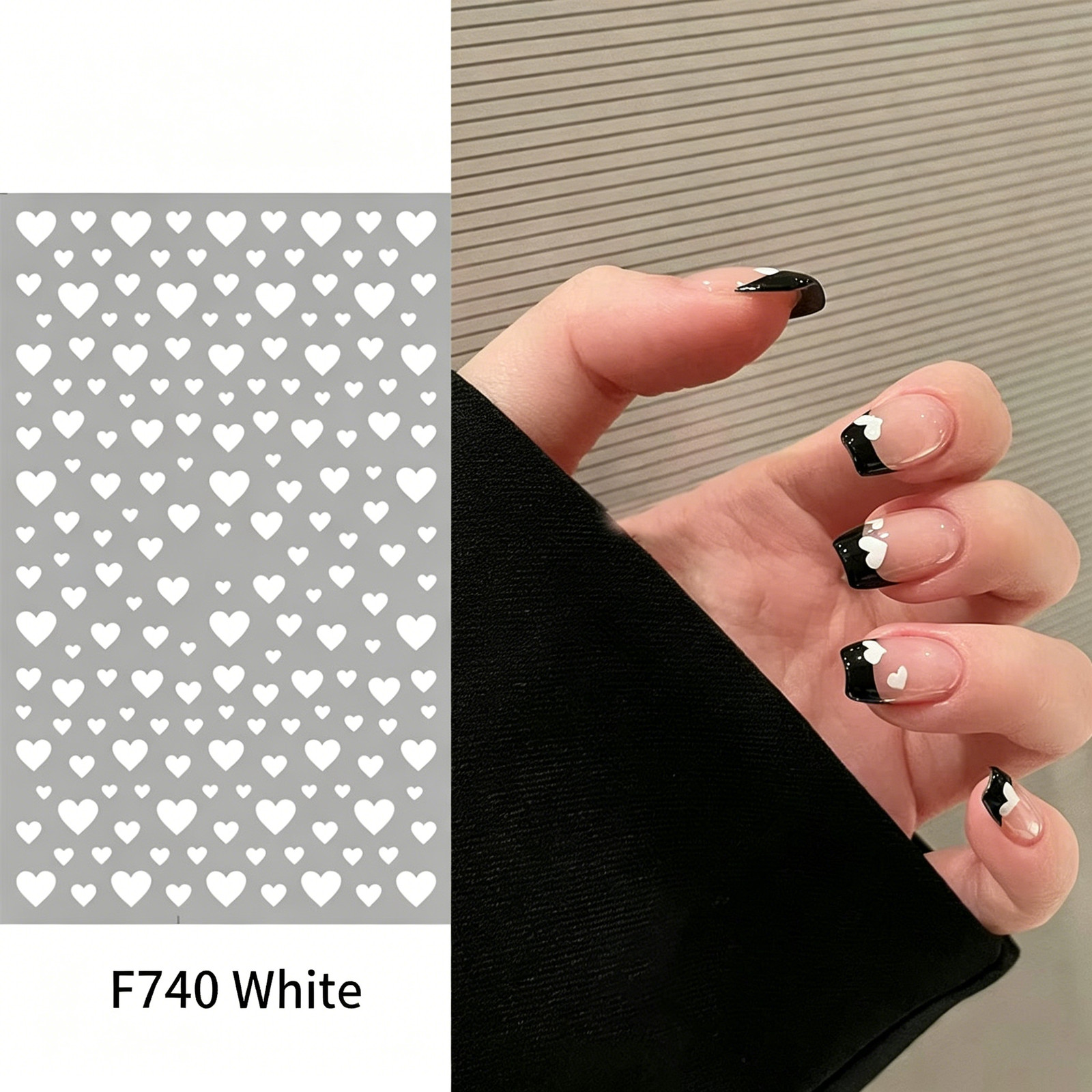 Internet Celebrity Heart Nail Stickers, Mini French Black White Red Multi-Size H