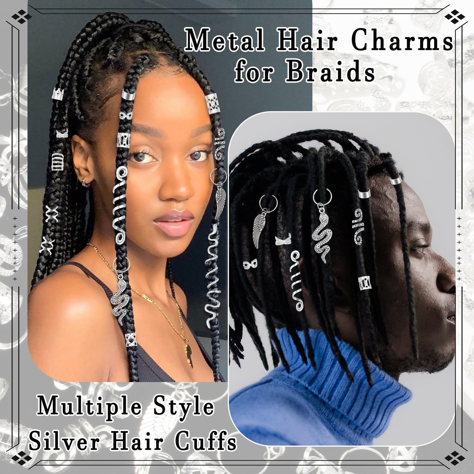 122PCS Silver Hair Jewelry Snake Loc Charms Braids Clips Multi Style Hair Cuf…