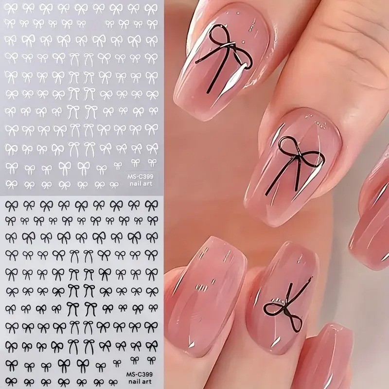 Black White Pink Mini Bowknot Design Nail Art Sticker Self Adhesive Lace 1/2PCS