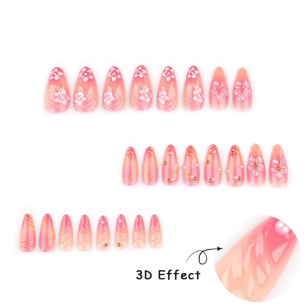 24Pcs 3D Flower Press on Nails Medium Almond Fake Nails with Pearl Rhinestones D