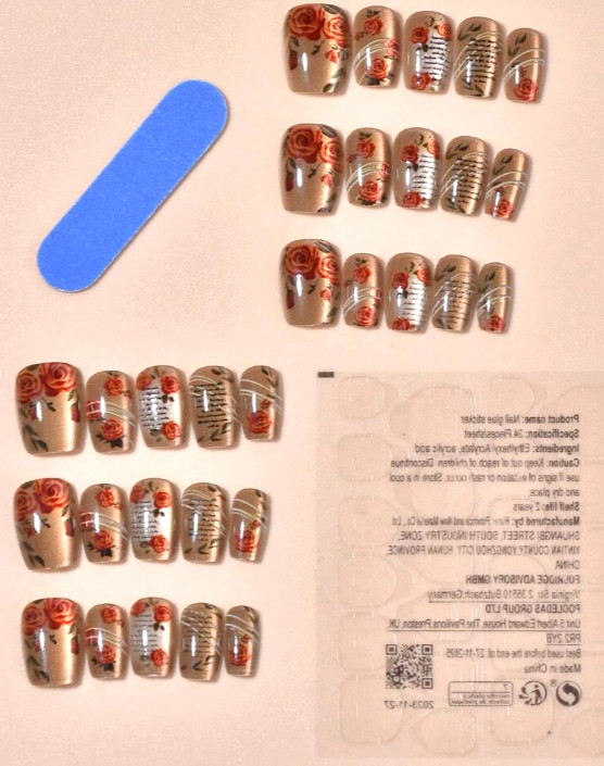 Beautiful Gel Shine, Iridescent Golden Brown Nails with Red Roses Short