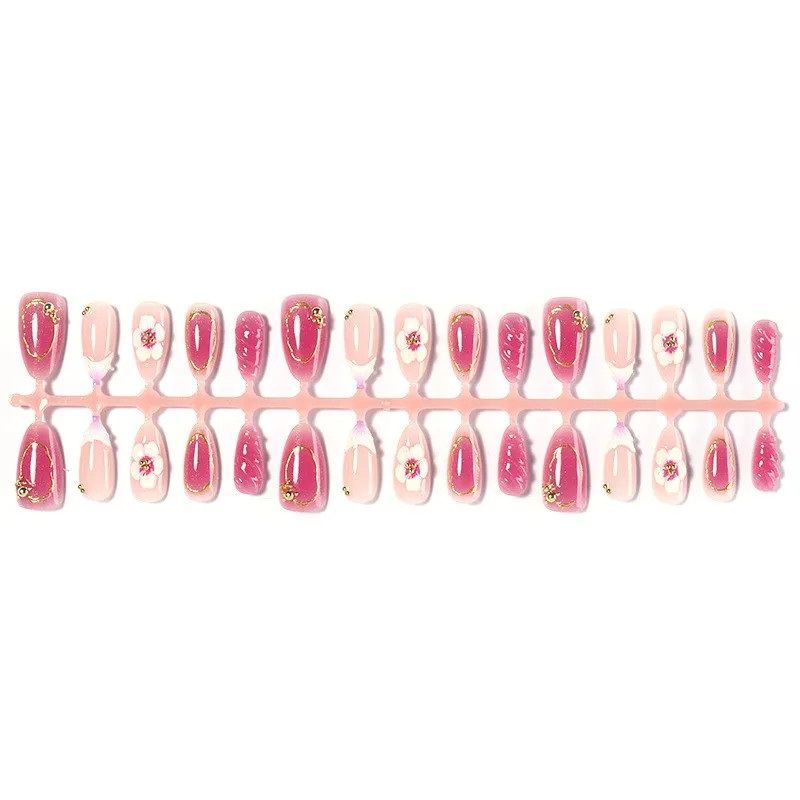 30pcs French Press on Nails:3D Flower Pearl Bow Almond Fake Nails
