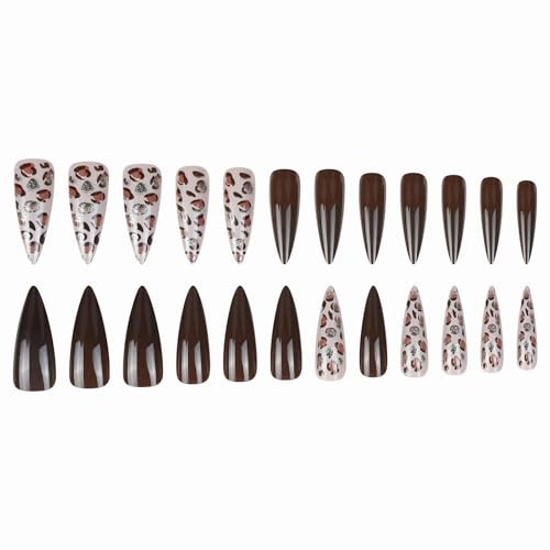 Press on Nails – Long Stiletto Fake Nails with Brown Leopard, 10522Brown