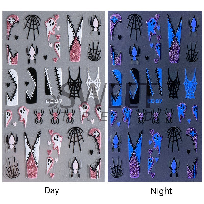 4Pcs Glow in The Dark Halloween Glitter Nail Decals Ghost Spider Web Skull NH30