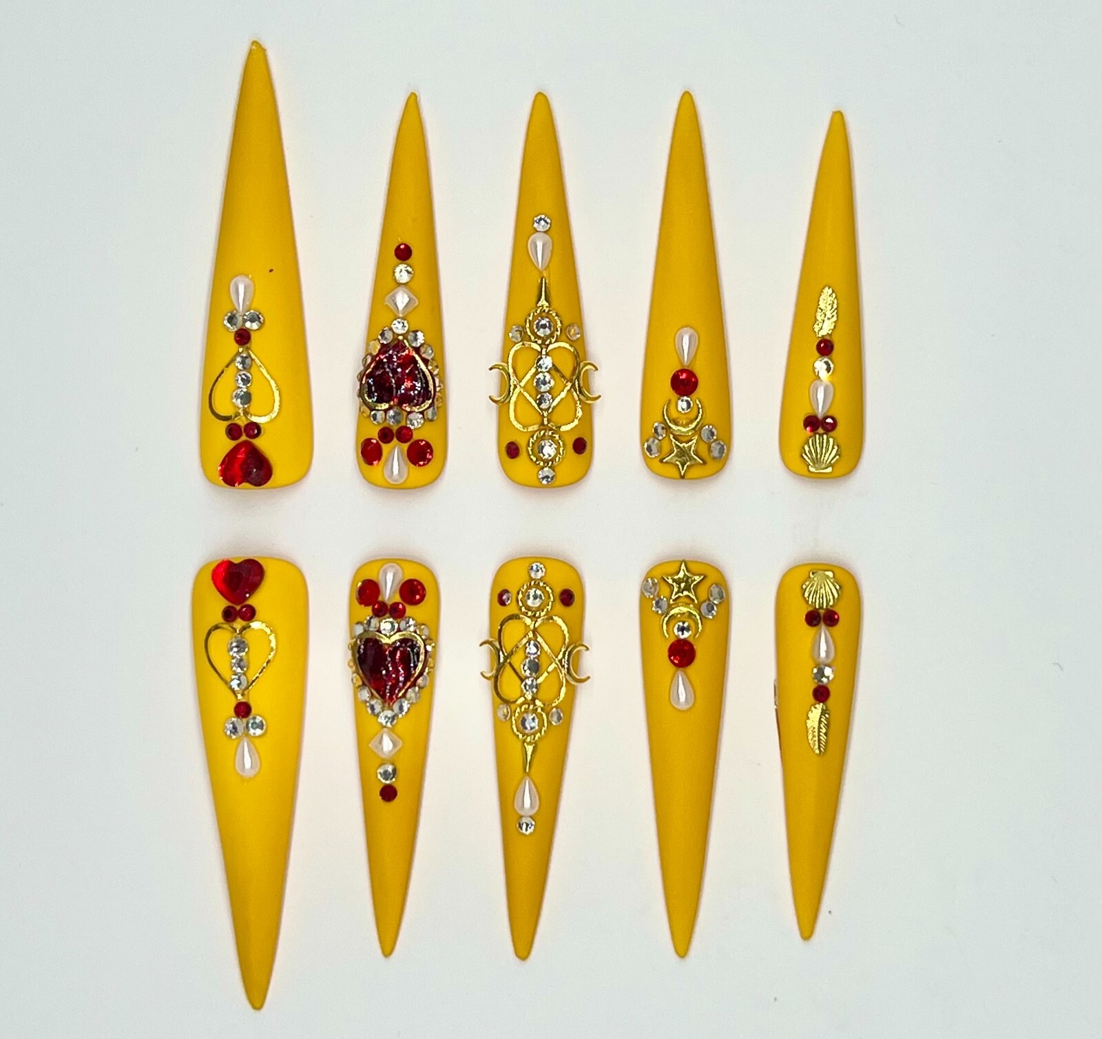 Queen Luxurious Handmade Yellow Diamond Stiletto Press on Nails 10ps S-M -L