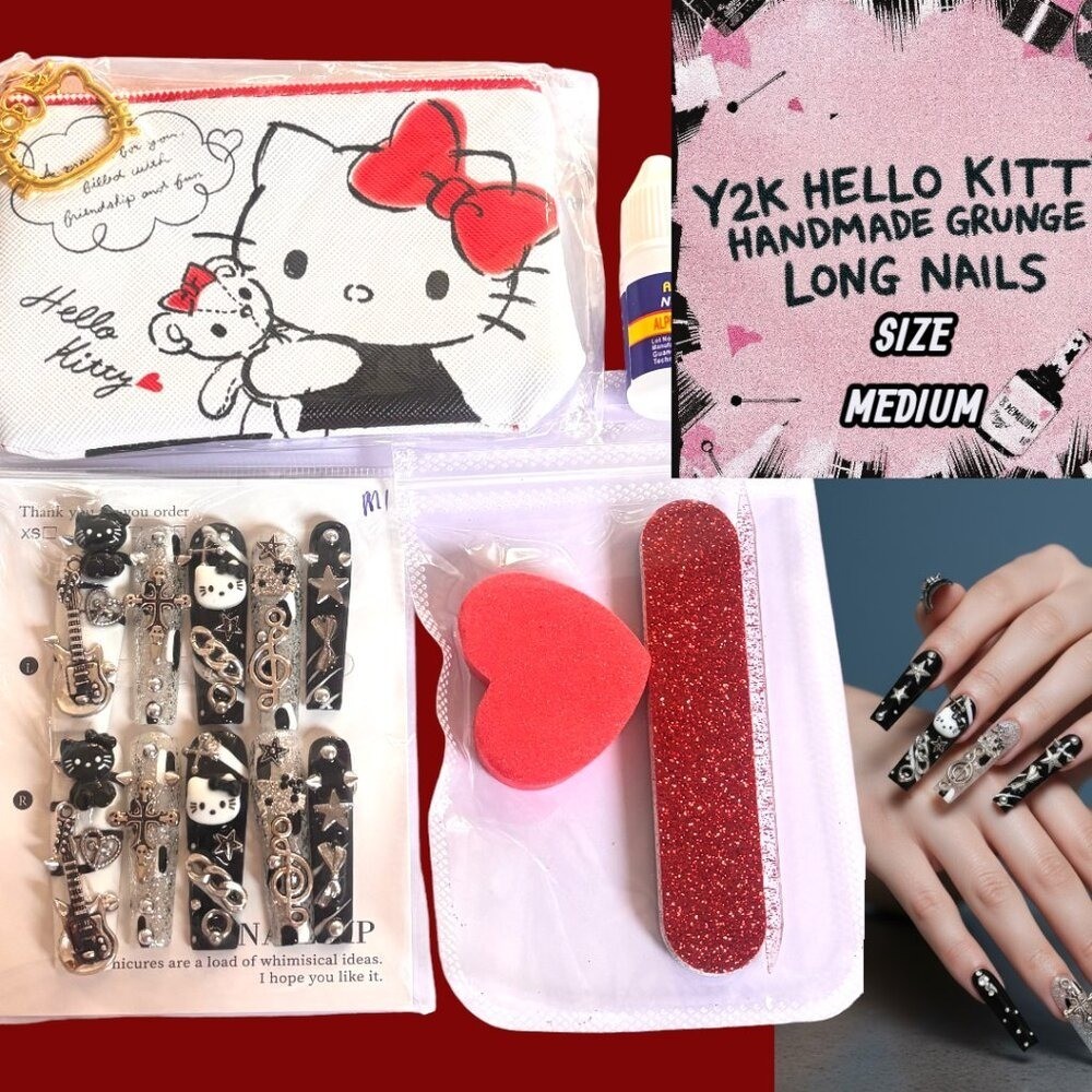 Y2K HANDMADE HELLO KITTY GRUNGE XLONG CHARM FAKE NAILS MEDIUM NEW