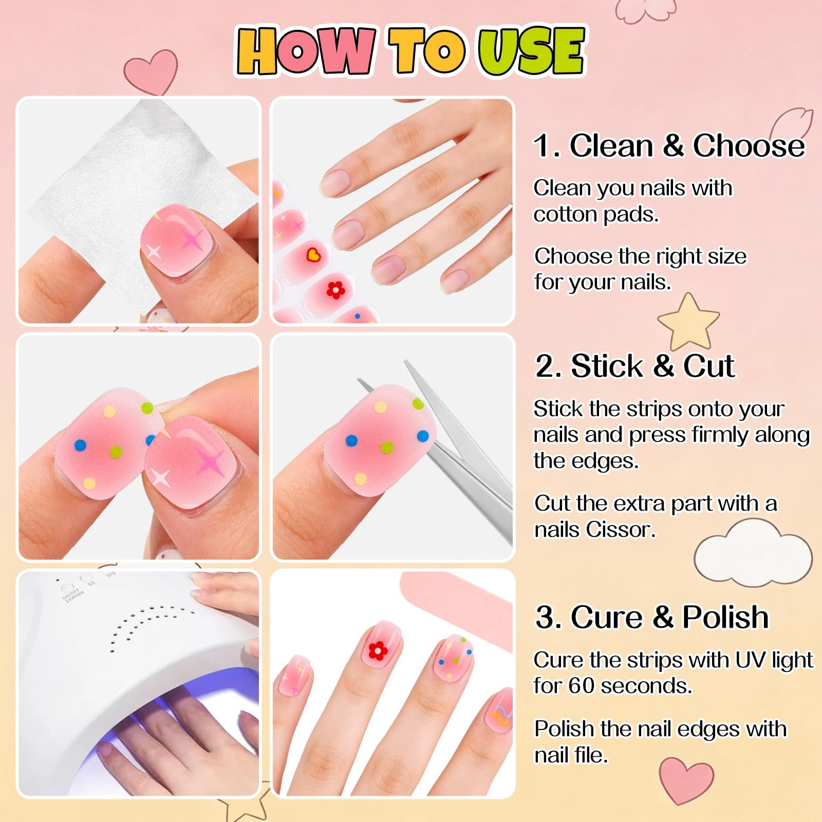 EBANKU Kids Gel Nail Polish Strips, Flower Star Cute Semi-Cured Nail Art Wrap…