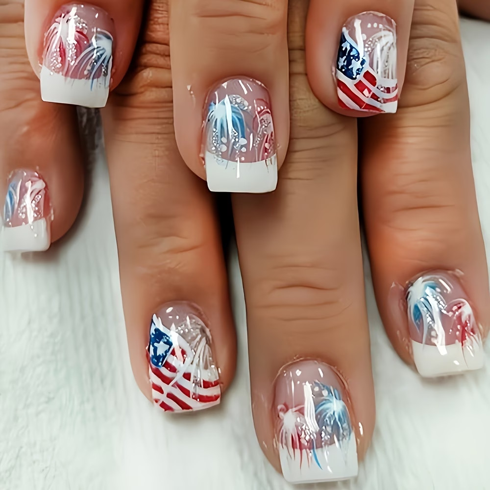 24pcs French Patriotic Press-On Nails Red White & Silvery Fireworks Design Gift