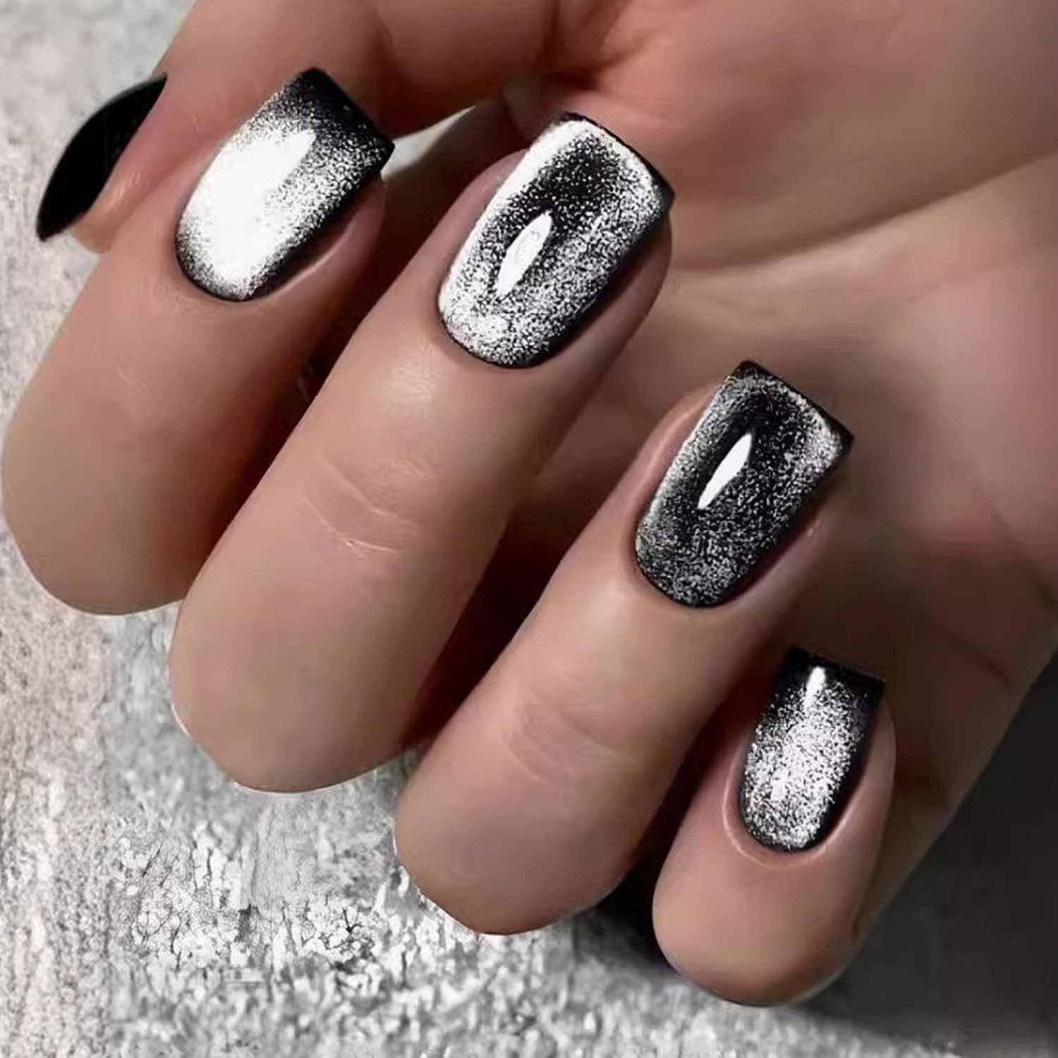 Black Press On Nails Short Square Fake Nails with Cat Eye Glitter Designs for
