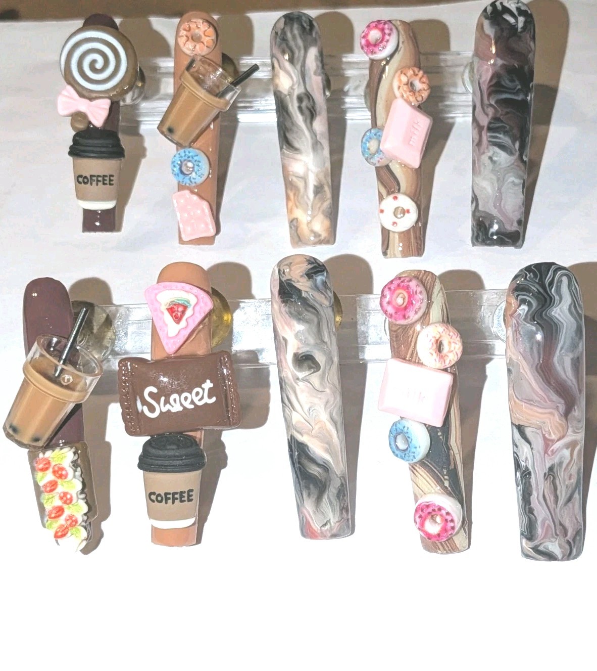 Hand Crafted 3Xl Java Marble Brown & Pink 3D Dessert Press-On Nails Sz Large