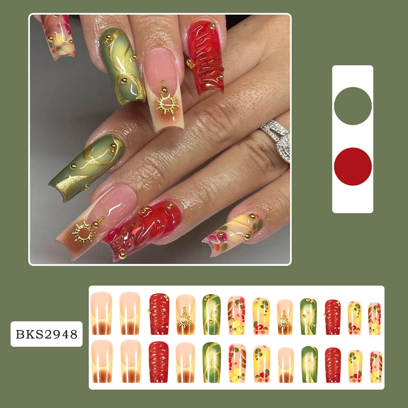 RTKHFZE Press on Nails Medium Length Square Fake General,24, Red Blooming